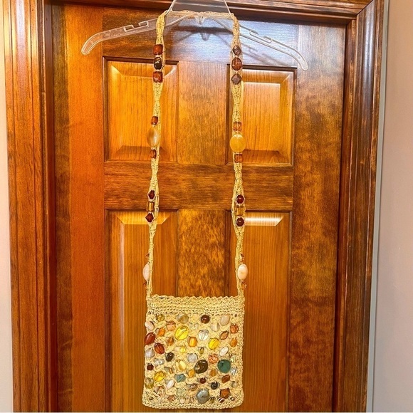 Crossbody Bag Macrame Paper Faux Gemstones Blue Miami NWOT BOHO - Picture 5 of 11